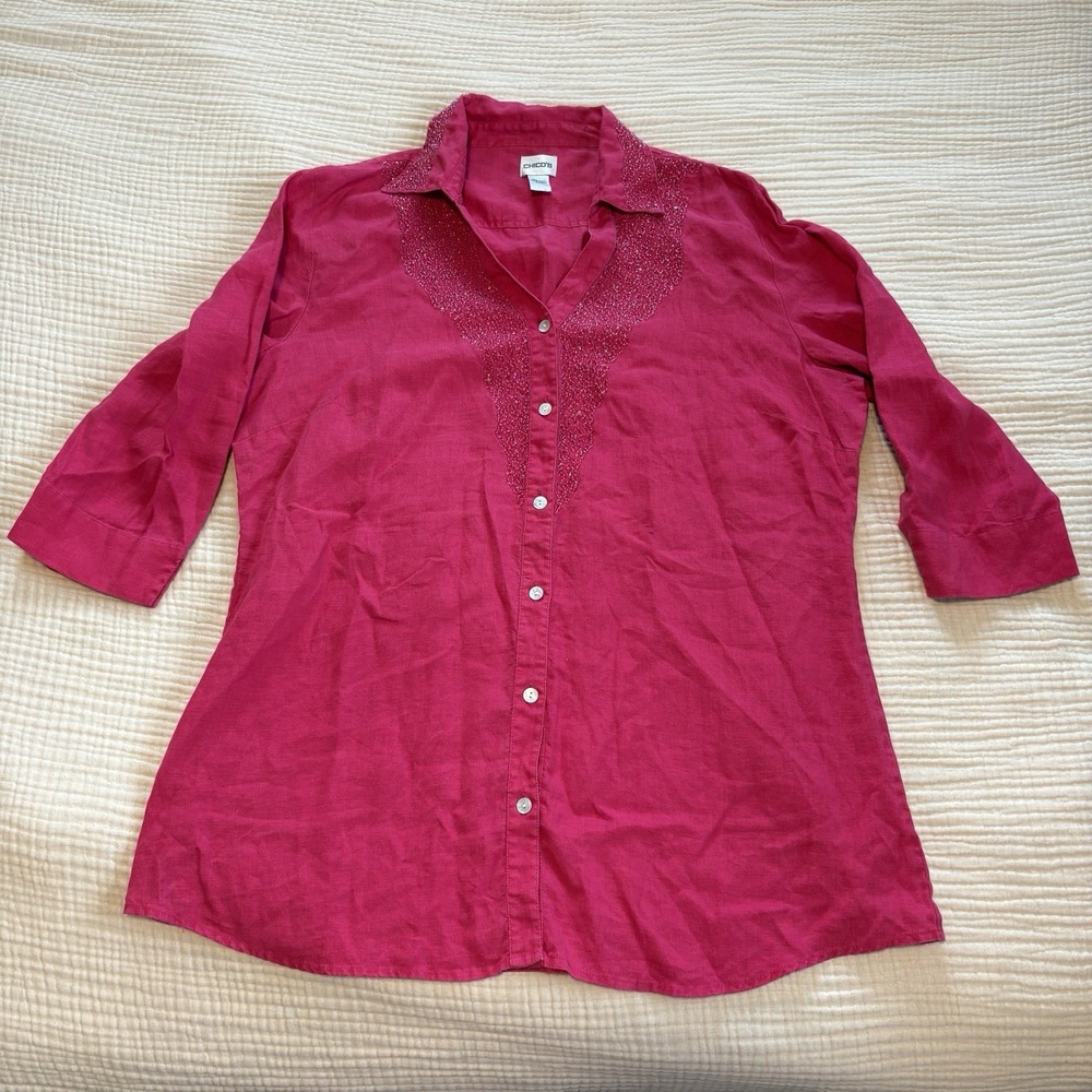 Chicos Shirt Womens 3 Large Pink 100% Linen Button Front Top Embellished Blouse